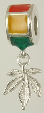 19343-Rastfarian Enameled Wheel Bead with Ganja Leaf Dangle