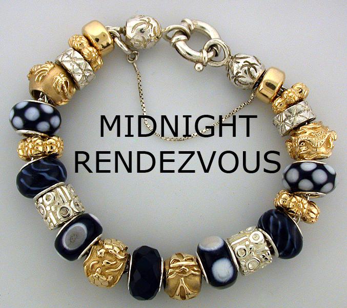 Complete Bracelets in Gold, Gold and Silver or all Silver Available - Here, 14K, Sterling SIlver and Fused Glass on Reller's SIgnature Wheat . . . Midnight Rendezvous.