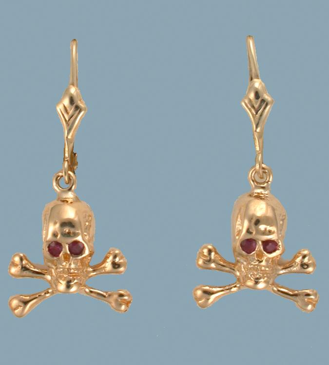 30654 Skull & Bones Dangle Earrings with Ruby Eyes