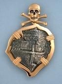Genuine Eight reales (Piece-of-Eight) Treasure Coin from the Wreck oif the Consolation in 14K Skull and Bones 8 Reales in Gold Frame