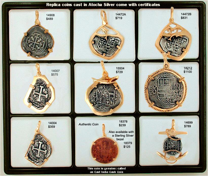 Replica Treasure Coins Cast in 100% Atocha Silver and Framed with 14K - Pendants