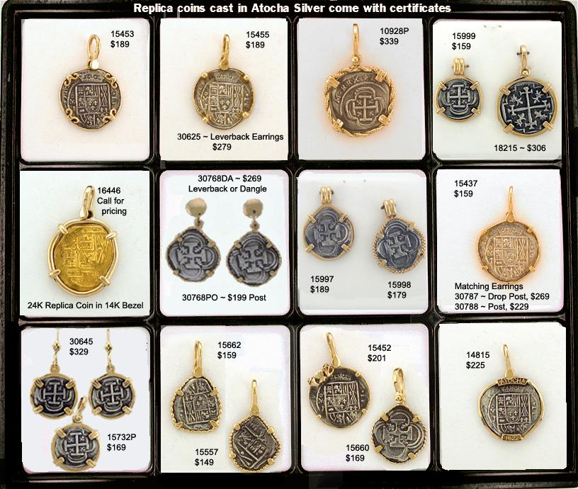 Replica treasure Coins Cast in 100% Atocha Silver, Framed in 14K - Pendants and Earrings