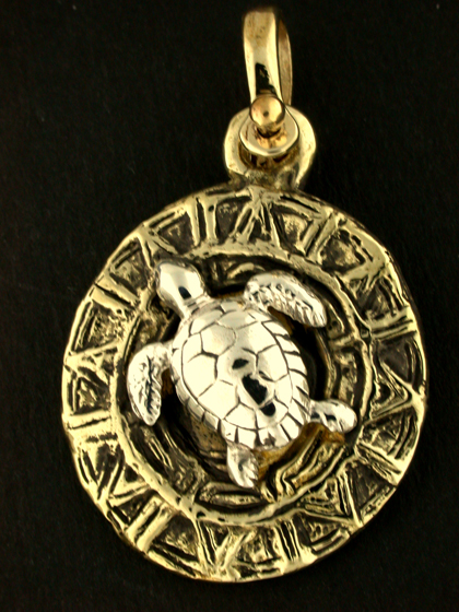 18606A-Sterling Green Sea Turtle on Bronze Sundial Disc.
